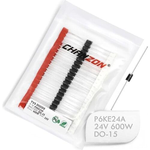 50 Pcs) TVS Diodes P6KE24A P6KE24 600W 24V DO-15 (DO-204AC) Axial Unidirectional Channel 600 Watt 24 Volt