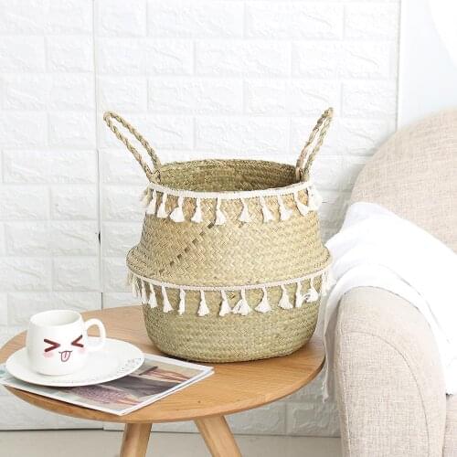 Handmade Bamboo Storage Baskets Seagrass Wicker Basket Garden Flower Pot Laundry Basket Container Toy Holder with White Tassel