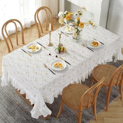 White Flowers Tablecloth Ruffled Hollow Embroidery Dining Coffee Table Desk Decoration Furniture Dustproof Cover Nappe De Table