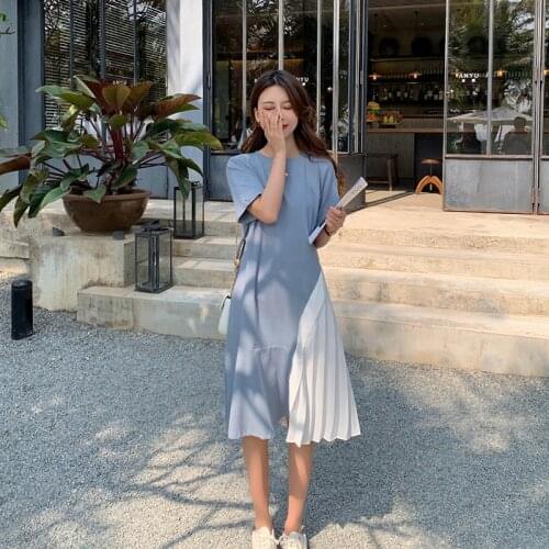 Large Women Summer Splicing Chiffon Dress Short Sleeve Robe Femme Ladies Dresses Blue Grey Plus Size 4xl Loose Style