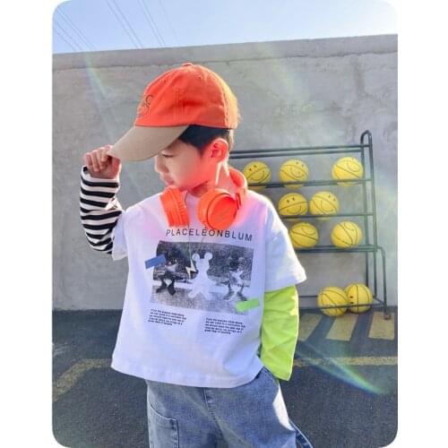 Childrens Clothing Spring New Kids Boys Fashion Fake Two Long Sleeve T Shirt Baby Korean Print Cartoon Tshirts Boys Cotton Tops