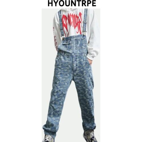 Hip Hop Denim Suspender Trousers 2019 Spring Mens New Fashion Embroidery Denim Jeans Jumpsuit Loose Straight Casual Pants