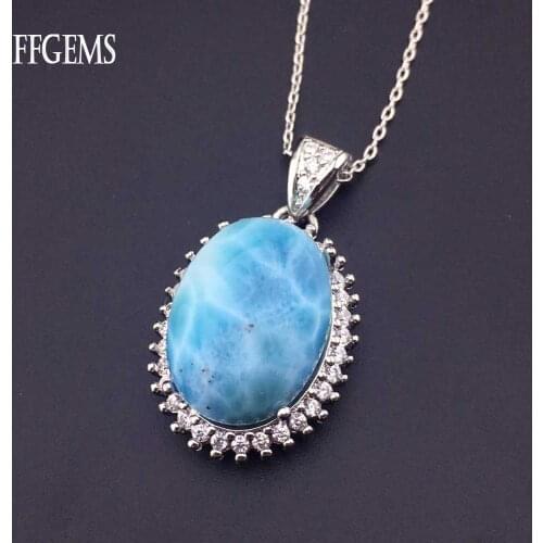 FFGems Natural Larimar big Oval blue gemstone special Silver Pendant Necklace white Gold Women Fine Jewelry Party Wedding Gift