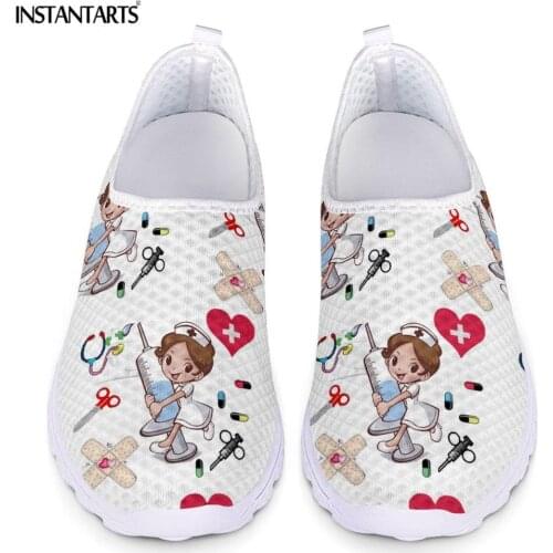 INSTANTARTS New Women Shoes Slip On Light Mesh Shoe Cartoon Nurse Doctor Print Summer Breathable Nursing Sneakers Zapatos planos