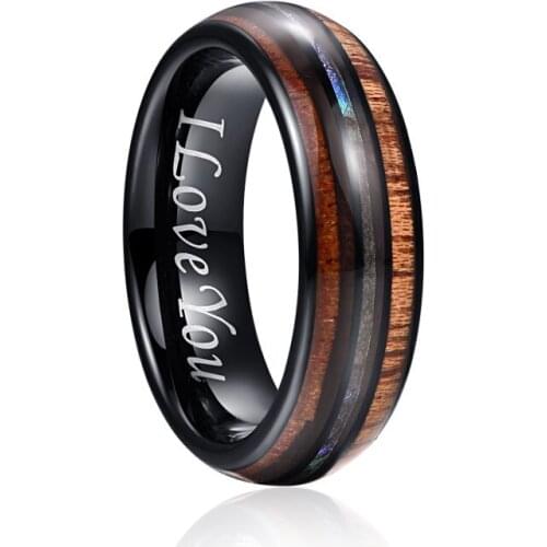 JQUEEN 6mm Hawaiian Koa Wood and Abalone Shell Tungsten Carbide Rings Wedding Bands for Men
