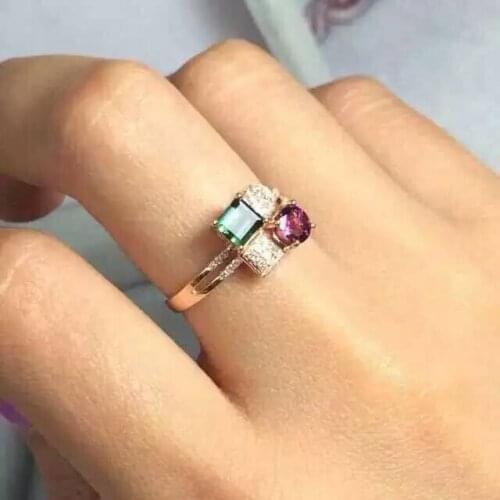 Natural tourmaline ring Natural gemstone ring S925 sterling silver ring trendy Elegant Square energy women gift Jewelry