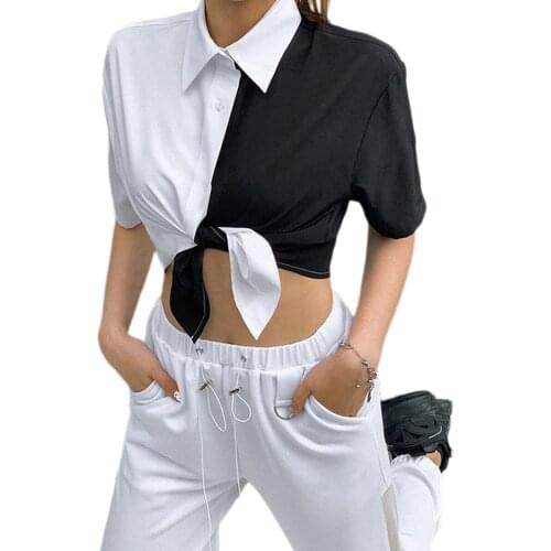 Summer trend fashion T-shirt black and white punk style short sleeve lapel tie knot shirt shirt women