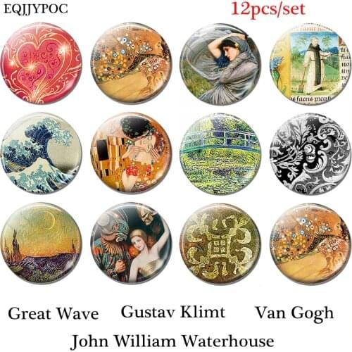 Great Wave John William Waterhouse Gustav Klimt Van Gogh Art Fridge Magnet Glass 12pcs 25mm Magnetic Sticker Refrigeratol Decor