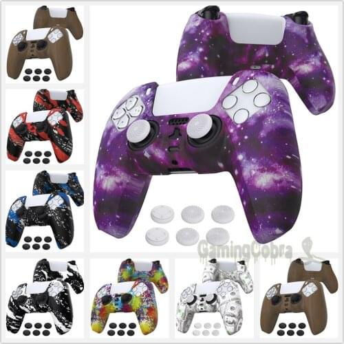 PlayVital Soft Rubber Water Transfer Printing Patterned Silicone Cover Case Protector with 6 Thumb Grip Caps for PS5 Controller