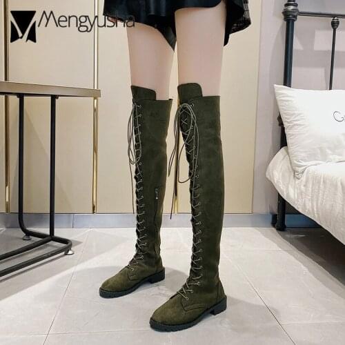 Autumn winter thigh-high boots women 2020 solid-color lace up knight booties female platform over the knee botas 35-43 plus size