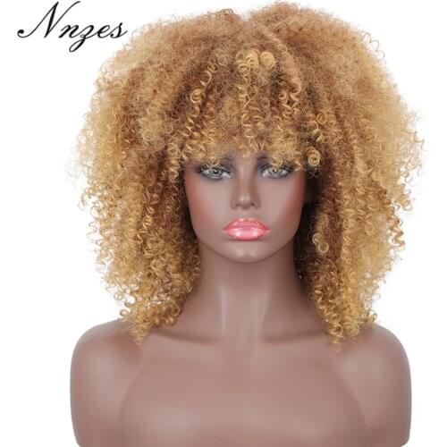 NNZES 14 inches Short Afro Curly blonde Wig with Bangs Synthetic Wig for Black Women Heat Resistnat Fiber