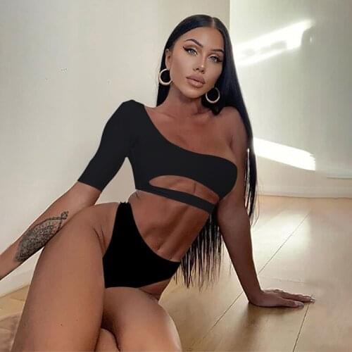 Solid Bikini Half Sleeves Bathing Suit Single Shoulder Women Swimsuit Thong Swimwear High Cut Swim Wear Bather Brazilian Biquini