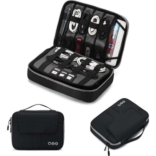 Double-Layer Electronic Accessories Organizer With Front Pocket Large Capacity Storage Handbag Travel Cable For Power Bank