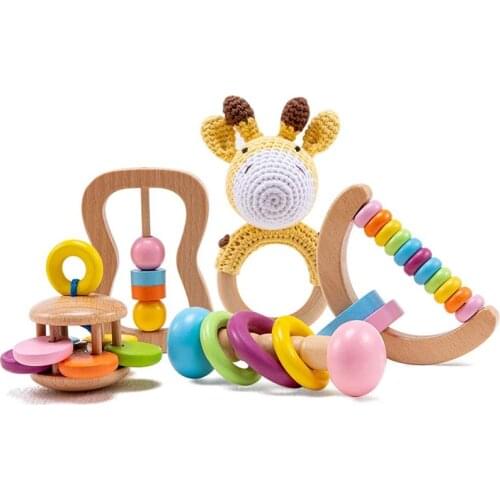 6pcs/set Montessori Rattles For Baby Newborn Gift Educational Wooden Rattle Baby Toy Set Montessori Baby Toys 0 12 Months
