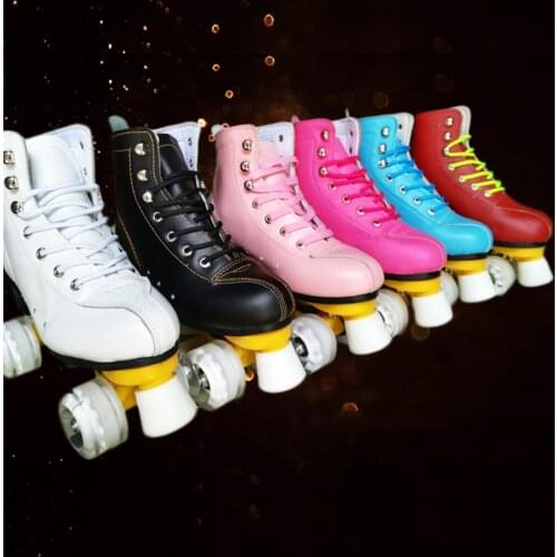 JK Geneniu Leather Roller Skates Double Line Skates 6 Colors Women Lady Adult White PU 4 Wheels Two Line Skating Shoes Patines
