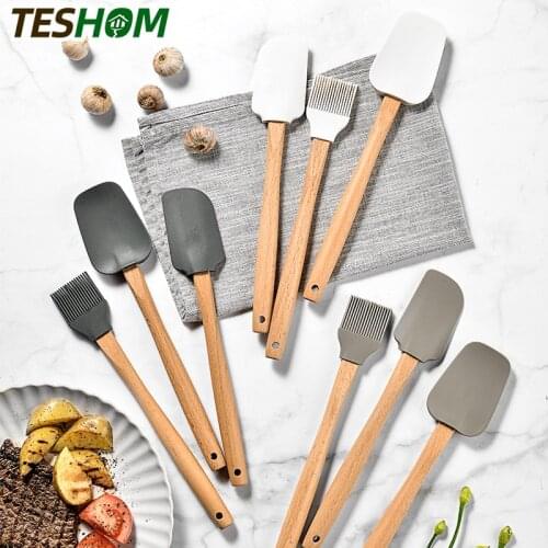 Silicone Spatula Baking Utensil Set Acacia Wooden Handles Silicone Oil Brush Pastry Scraper Spoon Cooking Kitchenware