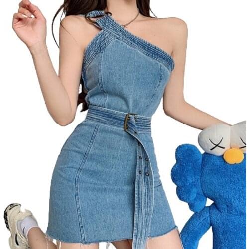 PERHAPS U Vintage Sexy INS Blue Denim One-Shoulder Irregular Asymmetrical Sashes Belt Zipper Bodycon Sheath Short Dress D3066