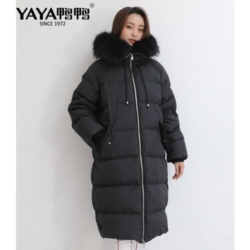 YAYA 2020 New Hooded Big Natural Real Raccoon Fur Collar Long Loose Down Jacket Women Winter Thicken Warm Coat