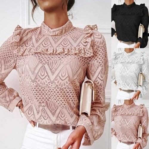 Autumn Women Elegant Long Sleeve Lace Ruffle Blouse Hollow Out Office Shirt Top