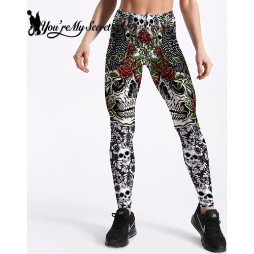 [You're My Secret] Ladies Skull Leggings 3D Digital Printed Causal High Waist Elastic Ankle-Length Gym Leggings For Women