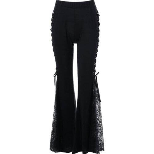 Bandage Side See Through Europe Style Casual Bell Bottoms Women Gothic Flare Pants Lace Up Patchwork Slim Trousers