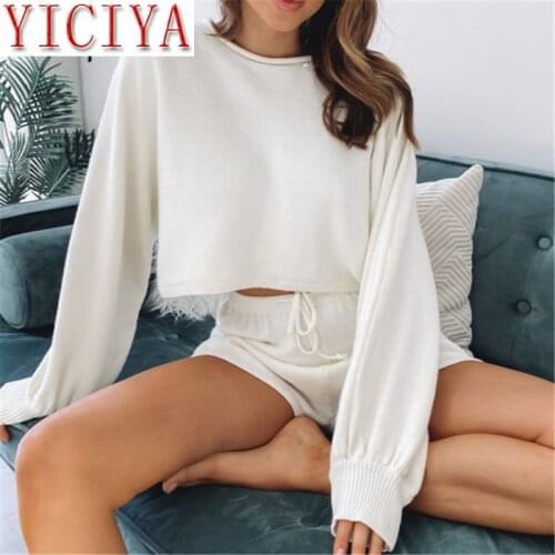 2 Piece Women Sets Outfits 2020 Summer Long Sleeve Summer Casual O Neck White Khaki Two Piece Set Crop Top And Shorts Drawstring