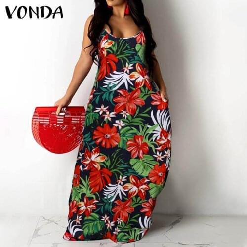 Women Sleeveless Dress VONDA 2021 Floral Print Maxi Dress Beach Backless Sexy Holiday Party Slip Vestidos Oversized Robe Femme