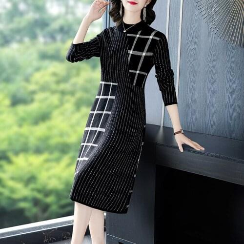 Women Loose Midi Knitting Dress Autumn Winter Casual Splicing Stand Collar Elegant Vintage Pullover Bottom Sweater Dress Female