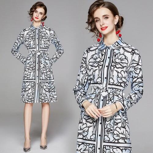 Elegant Office Lady Knee-Length Dress Floral Geometric Print Wrist A-Line Fashion Button Loose Slim Belted Women Vintage Dress