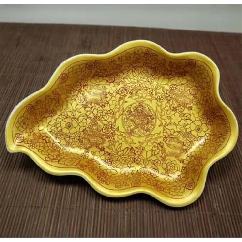 Golden Background Flowers Bloom Map Chinese Porcelain Plate Fruit Plate Zodiac Dragon Decoration Plate Home Decoration Gift