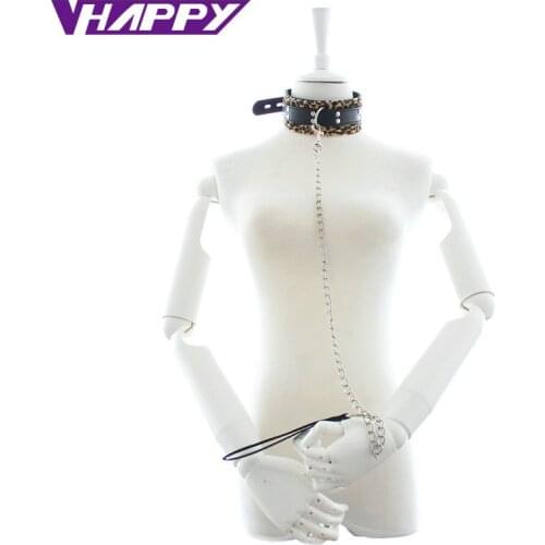 10 pcs/lot leopard Sex Slave bondage Collar with Chain Leash Adult Sex Restraint Neck Collar For Couples Sex Game VP-CR003029B