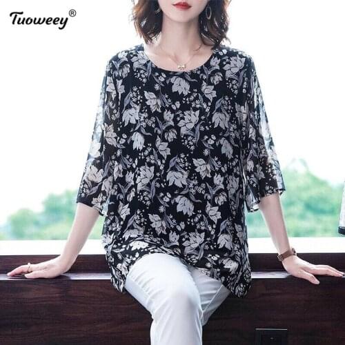 2021 Autumn Women Chiffon Shirts half Sleeve flower Women Blouses Clothes Casual tunic plus size Women Tops Blusas Mujer