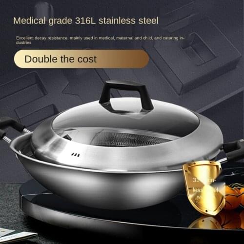 316L Stainless Steel Non Stick Wok Household Large Double Ear Frying Pan Stir Fried Round Bottomed Wok pots and pans cookware