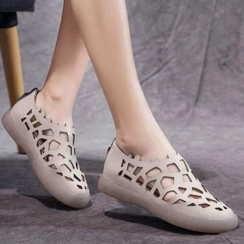 Genuine Leather Shoes Woman Slip On Zip Ballet Flats Female Hallow Out Summer Loafers Ladies Casual Breathable Footwear