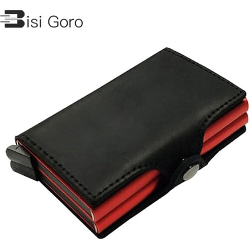 BISI GORO Business RFID Card Holder Women Men Genuine Leather Metal Wallet Case Card ID Holders New RFID Automatic Credit Wallet