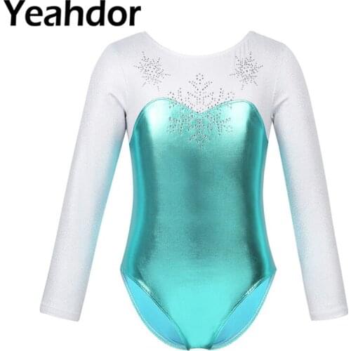 Kids Girls Shiny Metallic Long Sleeves Rhinestone Snowflake Ballet Dance Gymnastics Leotard Child Dance Wear One-Piece Swimsuit
