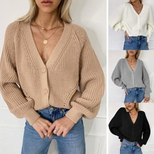 Sexy Women V-neck Button Cardigan Antumn Winter Long Lantern Sleeve Sweater Girls Solid Oversized Knitted Sweaters Knitwear