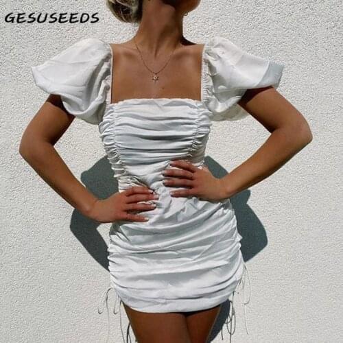 Summer bodycon dress women vintage short sleeve dresses solid square neck dress sexy mini dress ruched drawstring dresses white