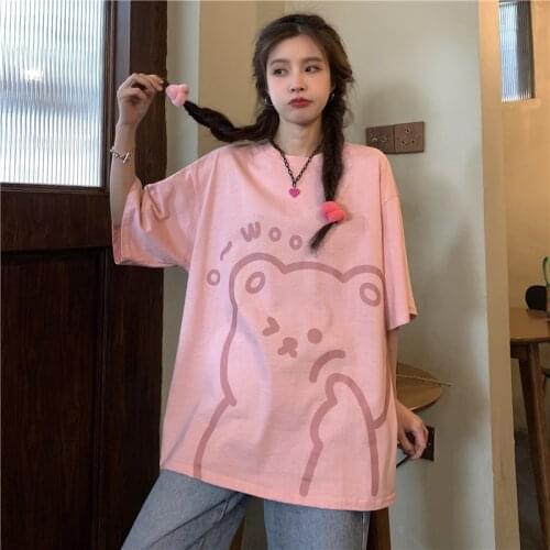 Summer Womens Top Bear Design Short Sleeve T-shirt Woman 2021 New Casual Large Size Tee Loose Cartoon Print Thin Tshirt Girls