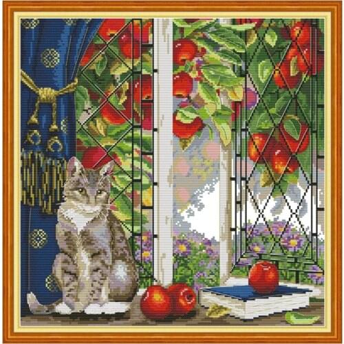 Cat on the windowsill 2 cross stitch kit aida 14ct 11ct count print canvas cross stitches needlework embroidery DIY handmade