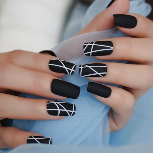 Matt Black Fake Nails Visible Trails of Planets Faux Ongle Square Press On Finger Manicure with Adhesive Tabs 24