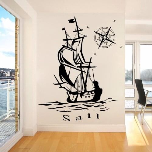 Sail Wall Decal Ship Yacht Compass Quotes Sail Ocean Marine Sea Waves Wall Stickers Vinyl Wall Decor Home Room Decor Mural C693
