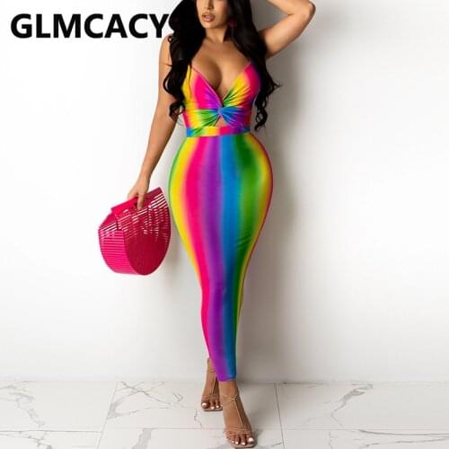 Sleeveless Knotted Front V Neck Maxi Dress Slim Rainbow Printed Long Dresses