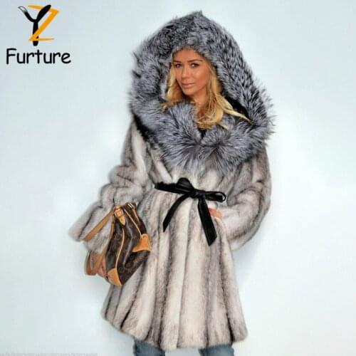 Luxury Women Mink Fur Coat With Belt Fashion Winter Overcoats High Quality Genuine Mink Fur Jacket With Big Fox Fur Hat Coat