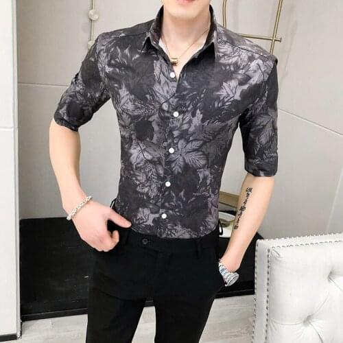British Style Spring Summer Half Sleeve Men Casual Shirts Fashion Digital Print Slim Fit Night Club Tuxedo Streetwear Blouses