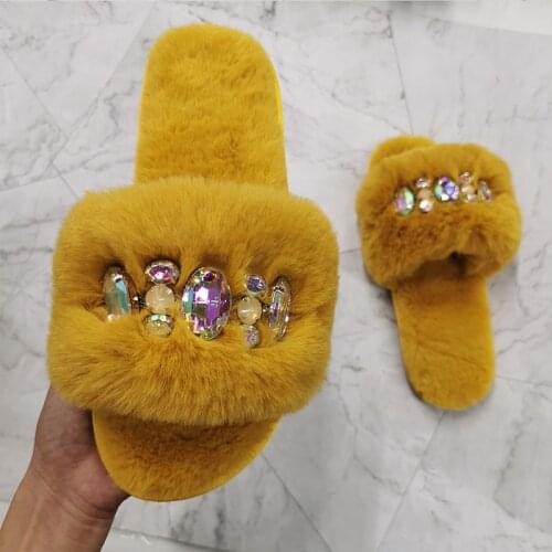 Fashion Woman Furry Sandals Shoes 2021 New Flannel Women Slippers Slip on Flip Flops Fur Slippers Female Slides Size 36-42