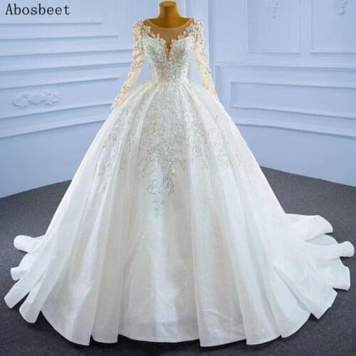 Long Sleeve Wedding Dress Plus Size Ball Gown Bridal Dress 2021 with Train Beads Top Scoop Lace Up Back
