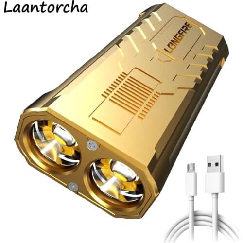High power led flashlights Two Head Powerful flashlight Waterproof Portable Led flashlight USB Rechargeable Camping Flashlight