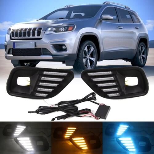 LED DRL Day Light for Jeep Cherokee 2019 2020 Daytime Running Light Mustang Style Fog Lamp with Dynamic Turn Signal + Blue Mode