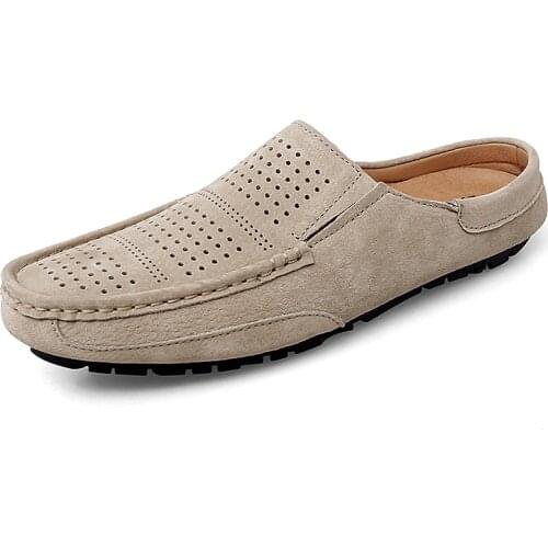 Mens Summer Breathable Shoes Half Slippers Suede Leather Loafers for Men Big Size 47 Hollow Out Fashion Mules Shoes Moccasins